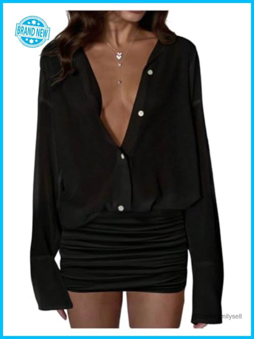 Sheer Mesh Long Sleeve Button Down Mini Dress Collared Ruched Fit Flare